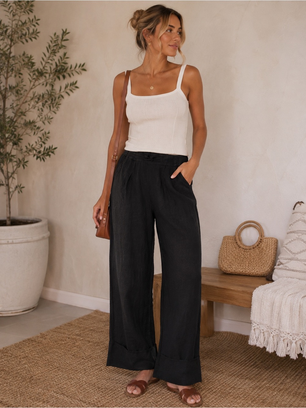 Wide Leg Black Linen-Blend Pants - Classic Casual